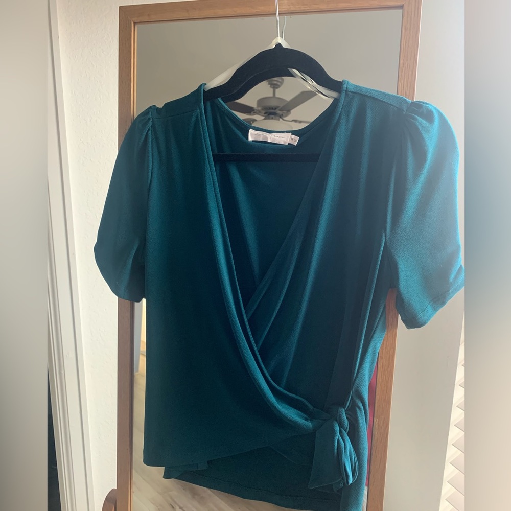 All in Favor Wrap Teal Blouse, Size Med